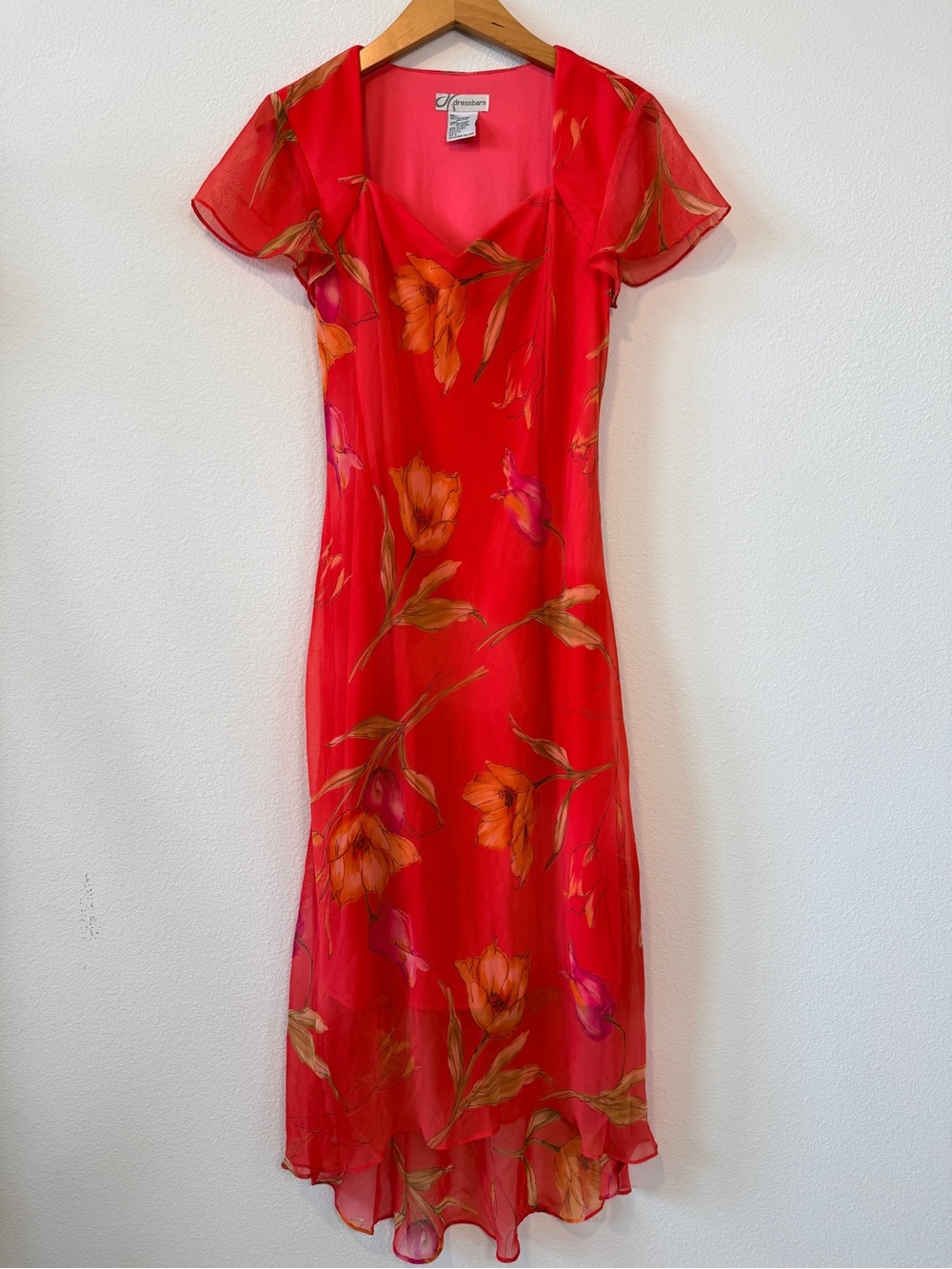 Vintage Dressbarn Coral Floral Midi Dress High Low Hem Cottagecore 10